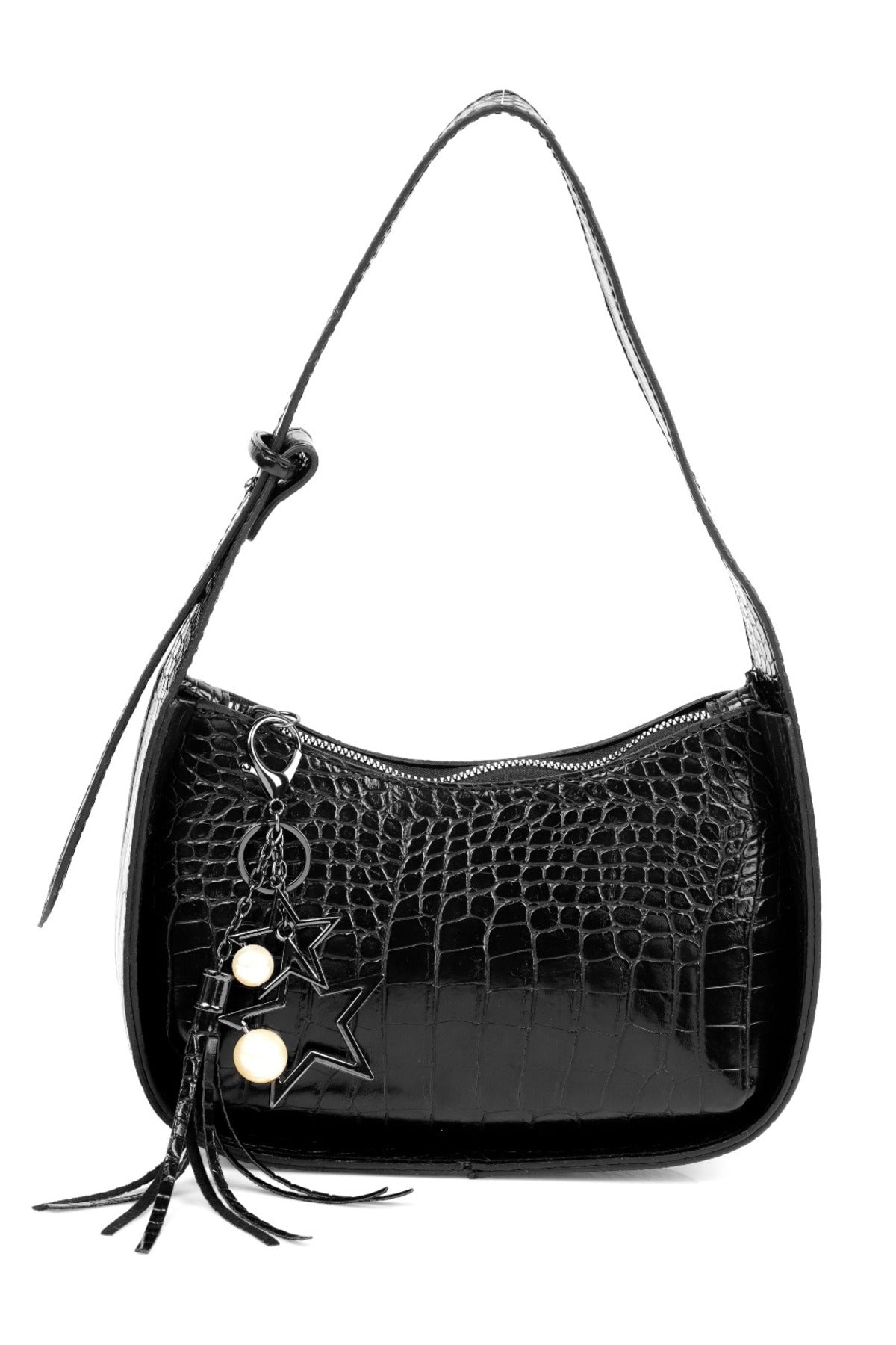 Schwarze Baguette-Tasche aus Nickellegierung mit Krokodilmuster und Stern- und Perlen-Accessoire für Damen