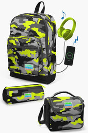 Kids Black Gray Camouflage Patterned Usb 3 Pcs School Bag Set Set0123291