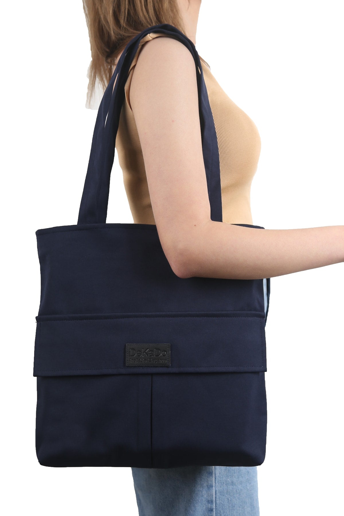 Damen Marineblau Tasche Reißverschluss Hand und Schultertasche Canvas Stoff Einkaufstasche