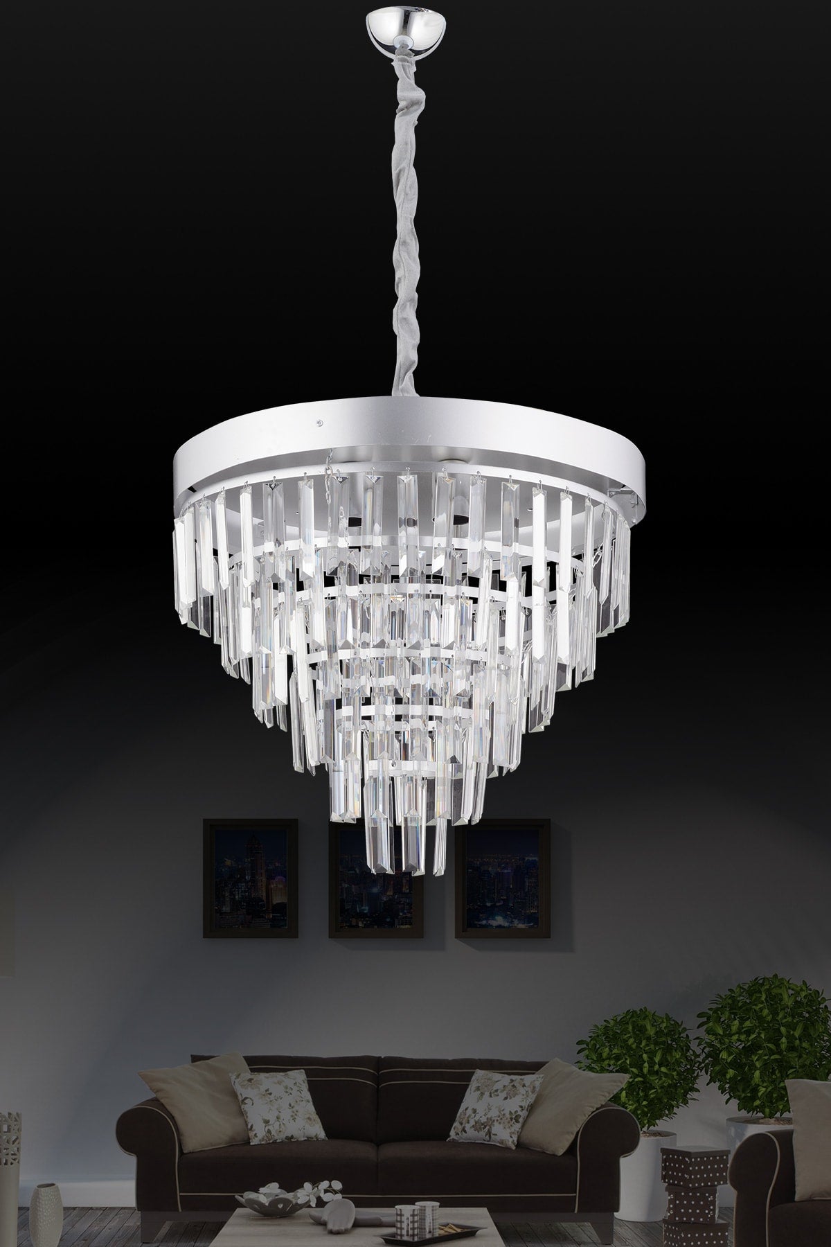 ثريا ليندا الكريستالية الفاخرة الفضية مقاس 55 سم