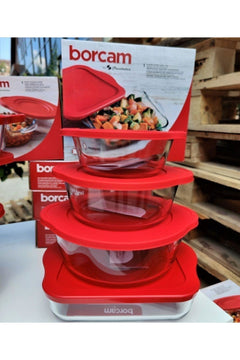 Set of 4 borosilicate glass food storage containers with red lids