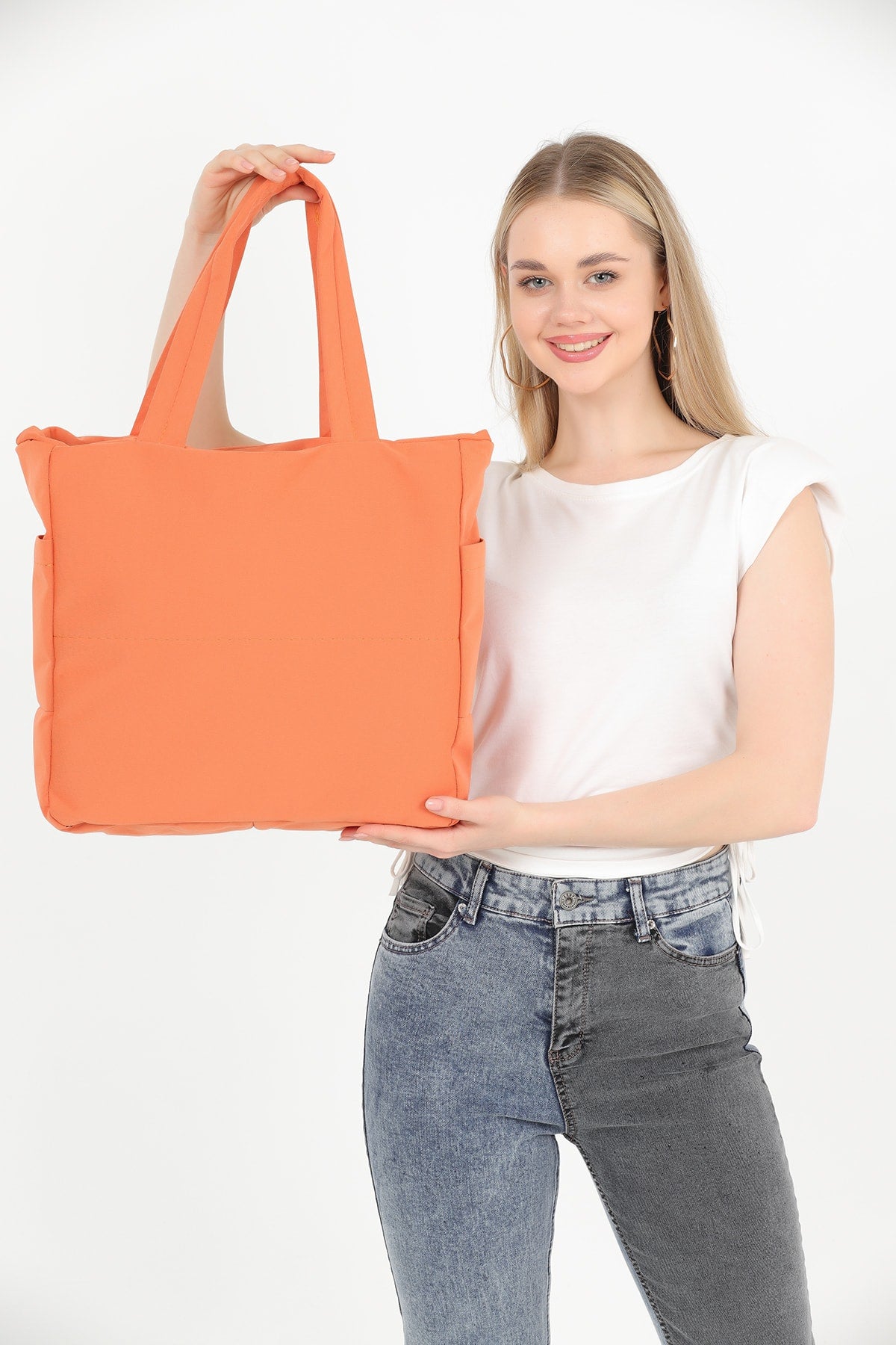 Orange U25 3-Fach Seite 2 Tasche Detaillierte Reißverschluss Verschluss Leinwand Damen Arm und Schulter Tasche B:35 E:35