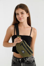 Khaki Green U8 2-Compartment Adjustable Cross Strap Canvas Unisex Waist And Shoulder Bag E:38 B:17 G:7