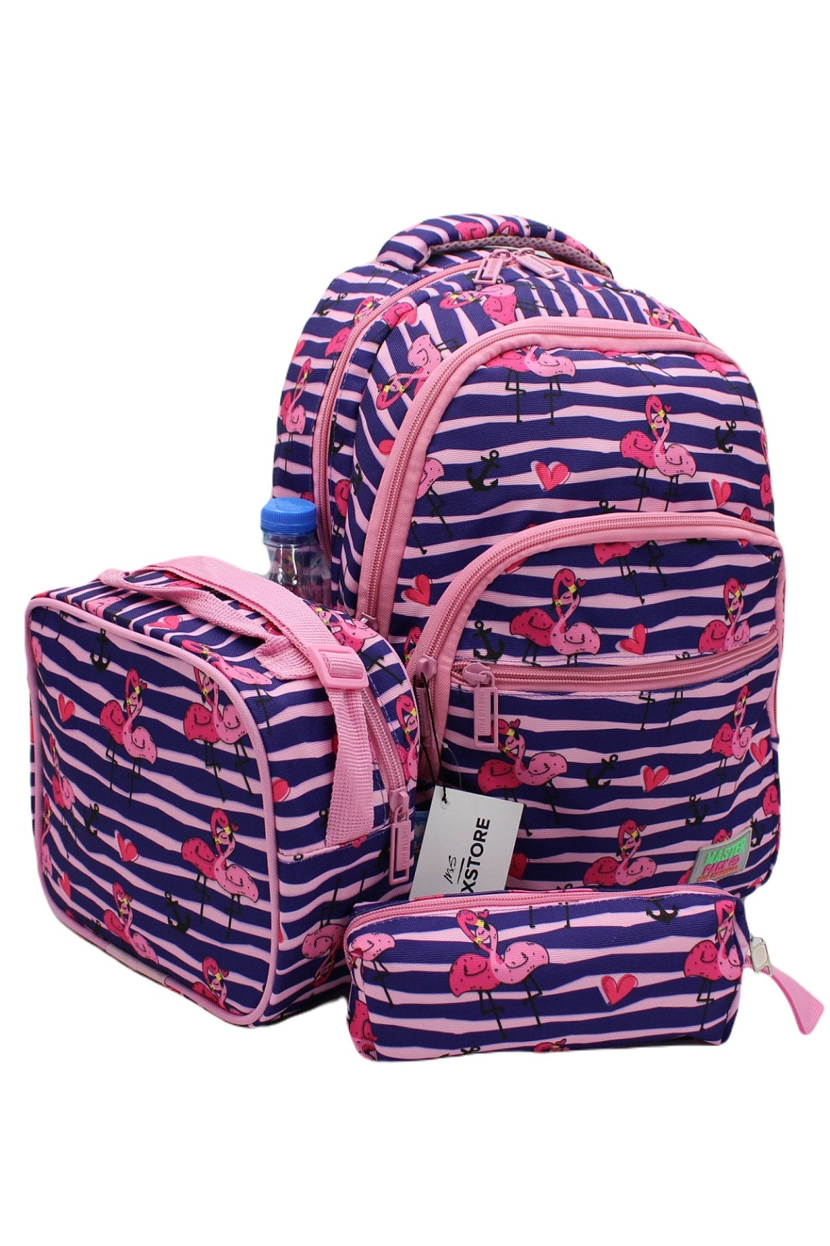 Flamingo gemusterter lilafarbener Master Pack-Rucksack für Mädchen, Grundschultasche mit Essens- und Bleistifthalter