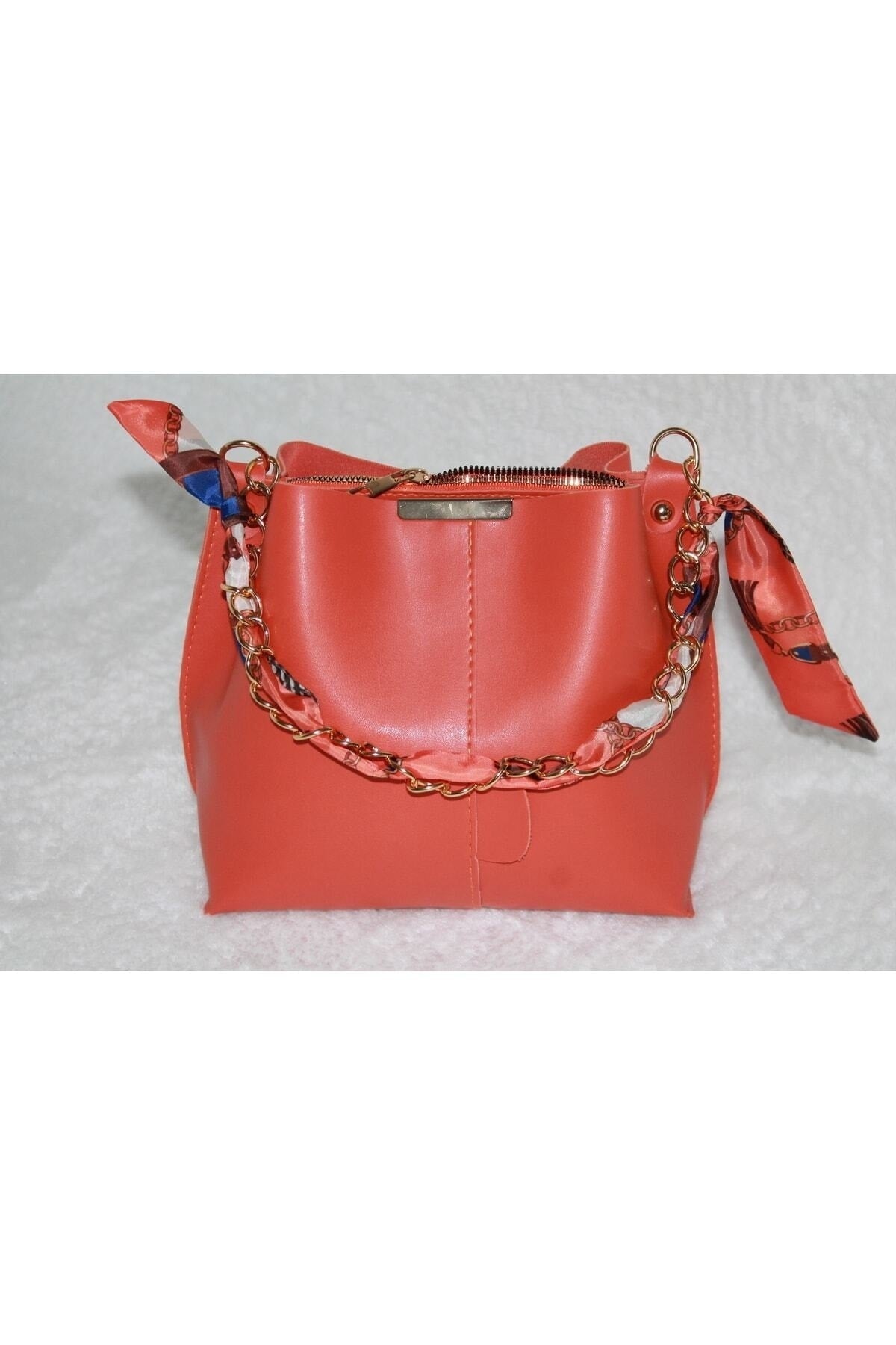 Orangefarbene Damen-Hand-, Arm- und Schultertasche aus weichem Leder mit 3 Fächern und Schalkette