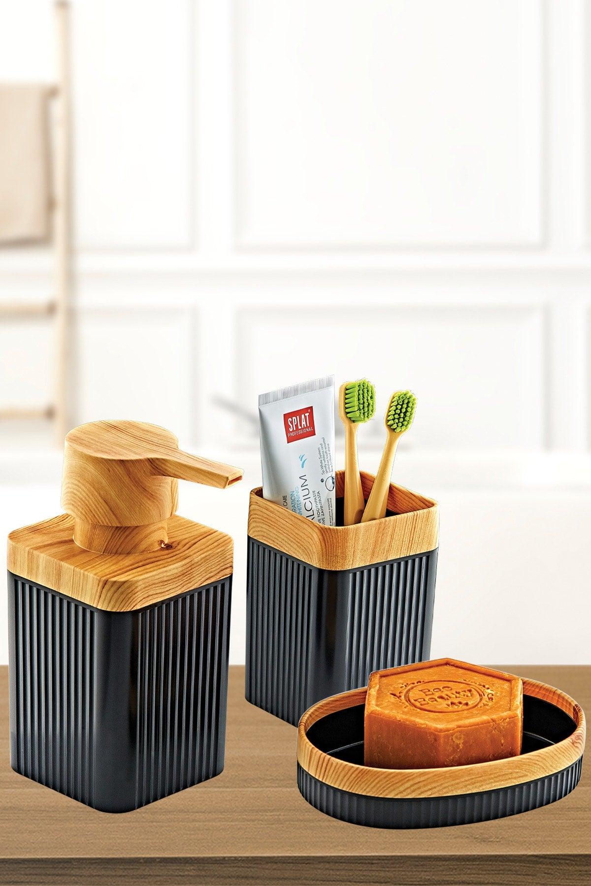 3 Pcs Wooden Coated Luxury Bathroom Set Black - Swordslife