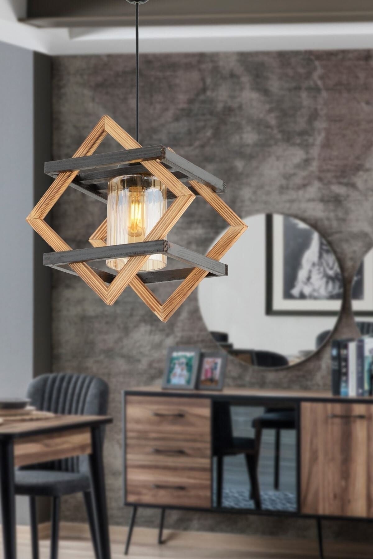 Brown Gray Star Single Wooden Pendant Lamp Chandelier