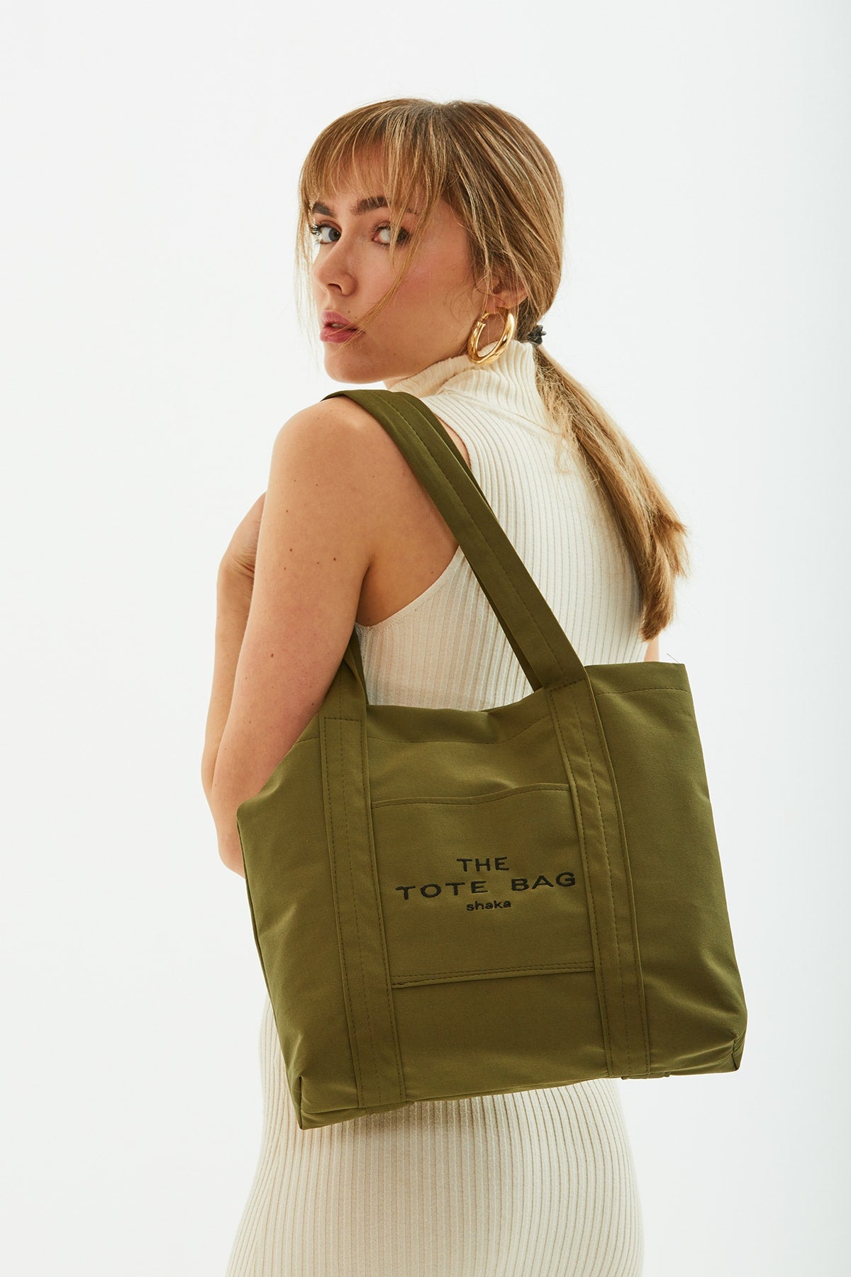 Khakigrüne U46-Einkaufstasche mit Druckknopfverschluss vorne, detaillierte bestickte Canvas-Arm- und Schultertasche für Damen U