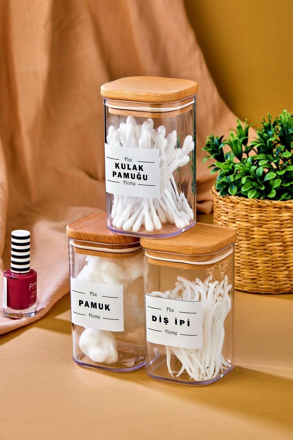 3 Pcs Wooden Cover Acrylic Cotton & Cotton & Dental Floss Organizer 250 Ml Bath Set - Swordslife