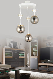 Pendant Lamp Tray White 3-Piece Smoked Globe Glass Downward Facing Luxury Chandelier