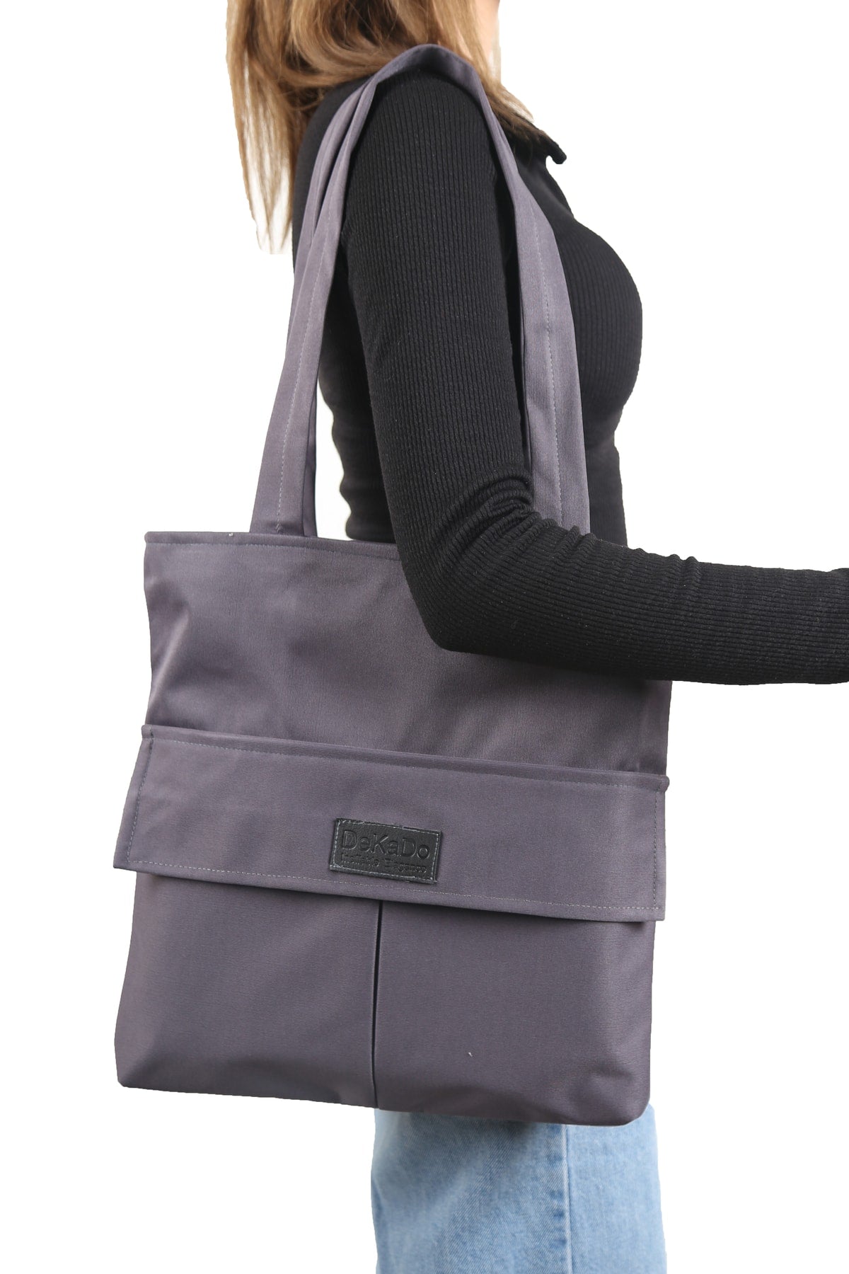 Graue Damentasche mit Reißverschluss, Hand- und Schultertasche aus Canvas