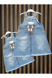 Girl Jean Dress Gilet With Teddy Bear