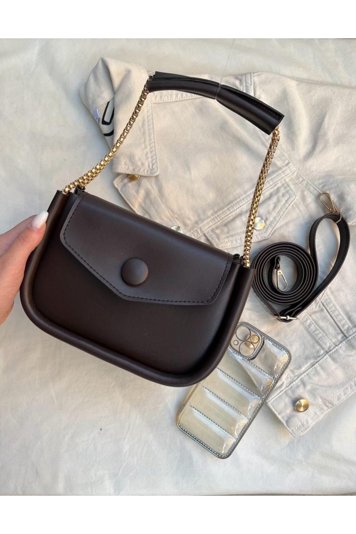 Women'S Brown Chain Baguette Bag