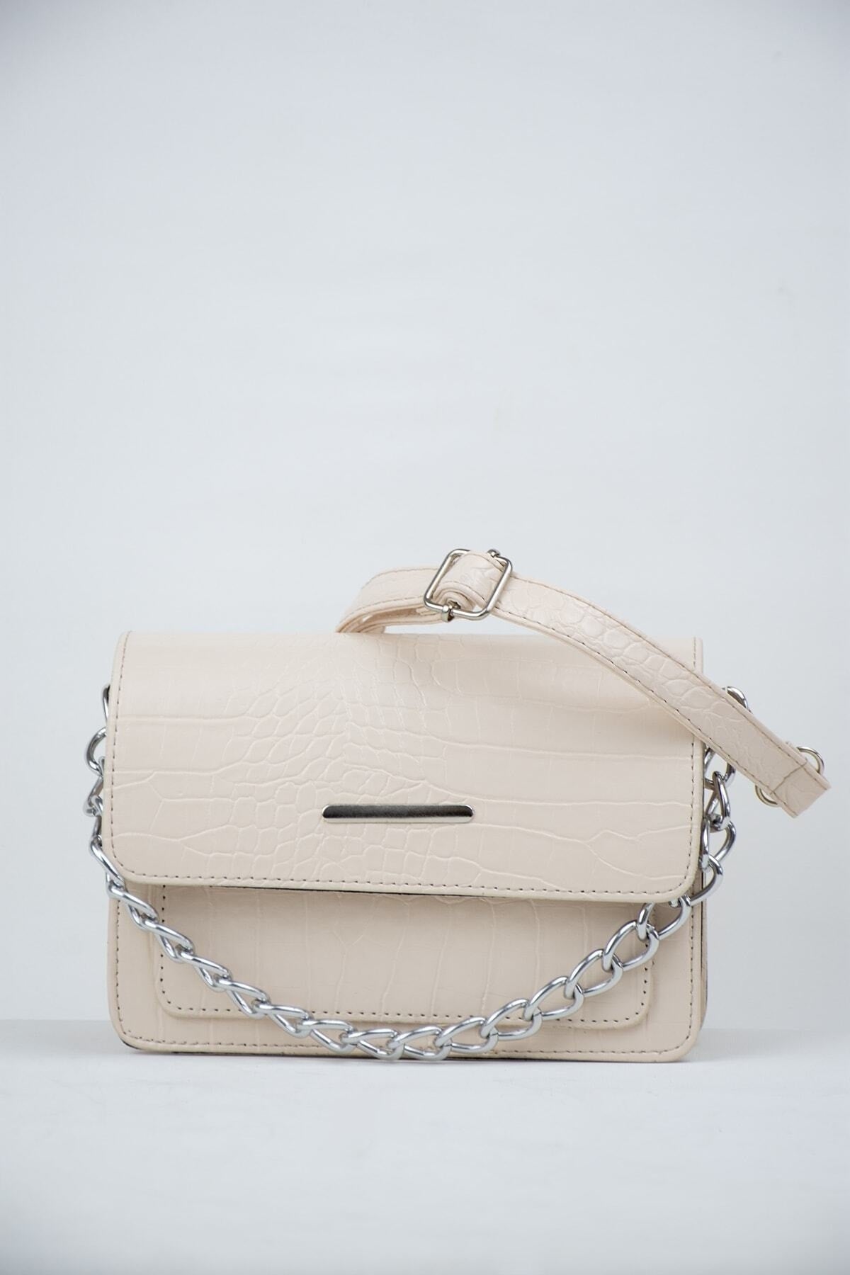 Cremefarbene Clutch mit Krokodilmuster für Damen, Baguette-Tasche mit Kettenriemen