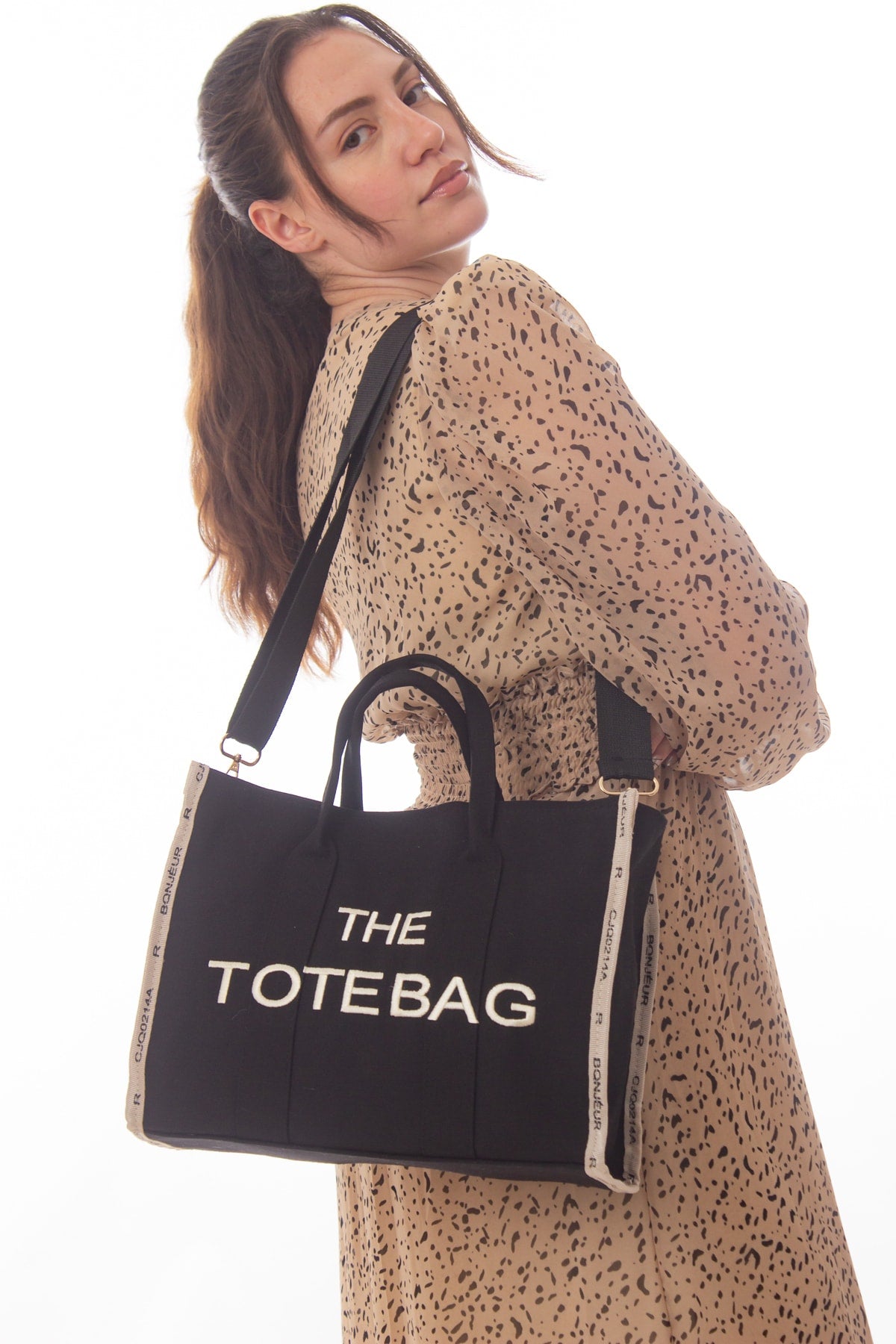 Women'S Black Tote Bag Canvas Long Strap Bag Shoulder Bag