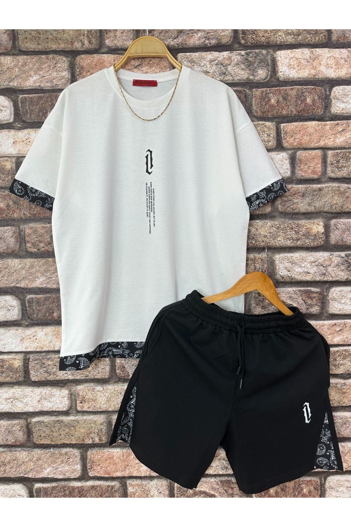 Men'S White Patterned Vertical Printed Oversize Tshirt Shorts Set