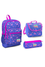 3er-Pack Schulranzen-Set für Kinder mit vier Fächern und Lavendel-Flamingo-Muster