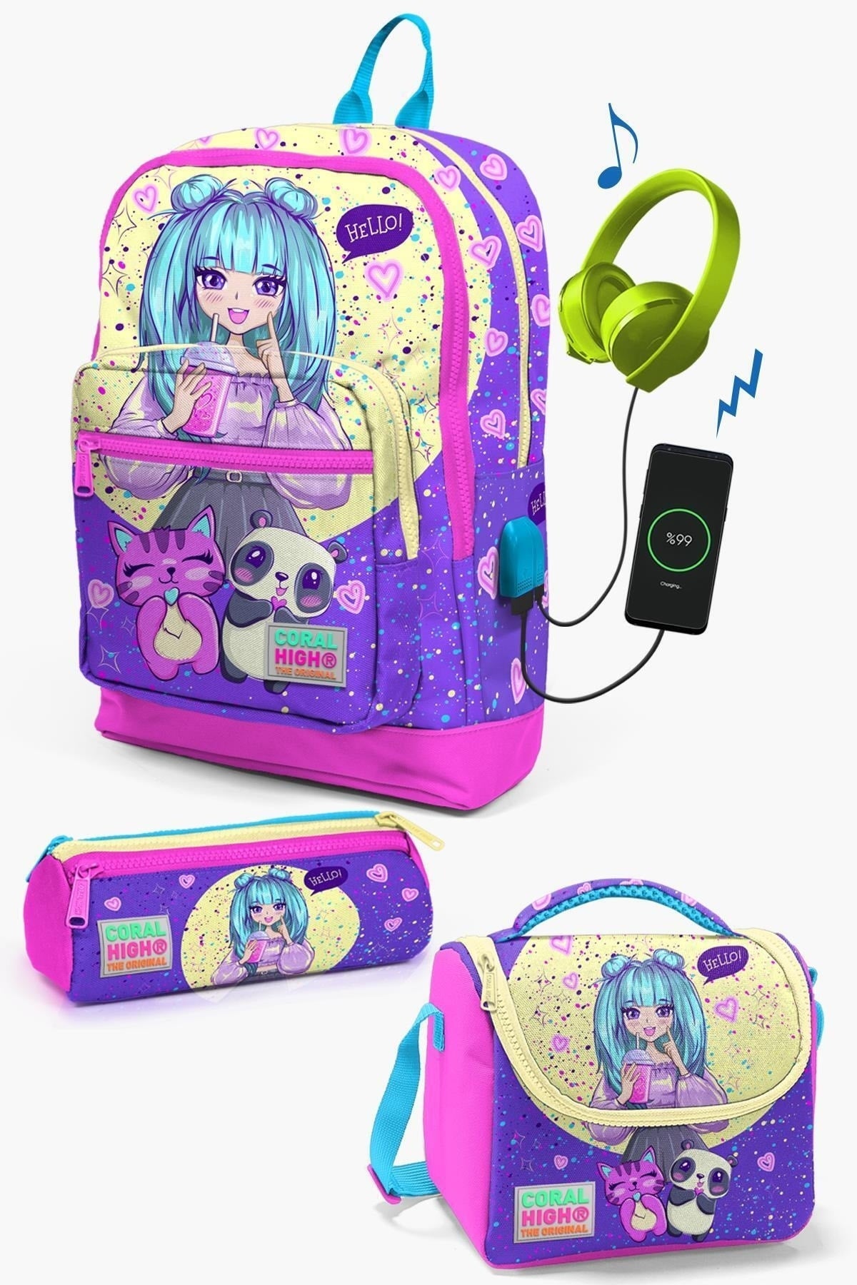 Kinder Lila Rosa Anime Mädchen Gemustertes USB 3-teiliges Schulranzen-Set Set0123835
