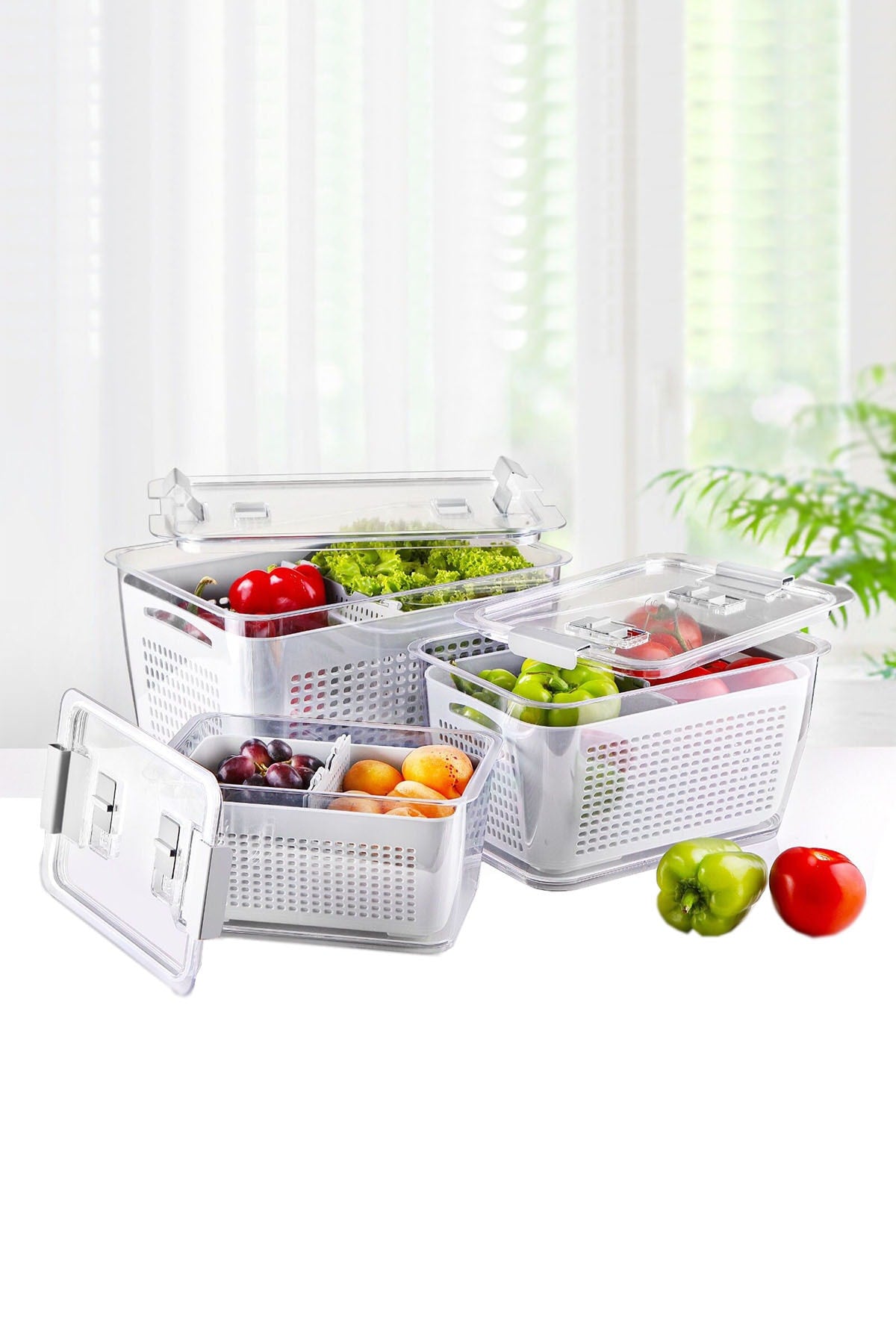 3 Größen Kühlschrank Frischgemüse Obst Vorratsbehälter mit Fach Belüftung