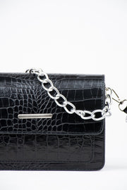 Black Women Crocodile Patterned Clutch Baguette Chain Strap Bag