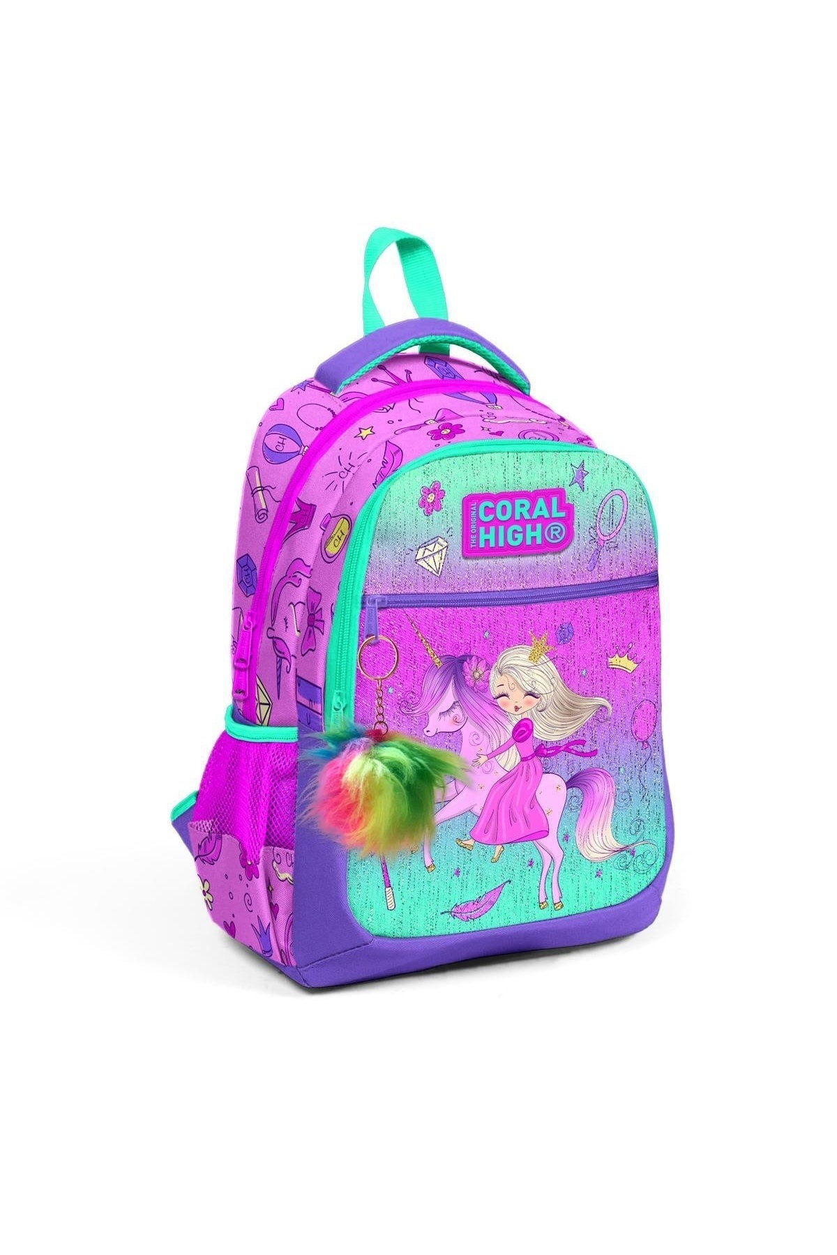Kinder-Schulrucksack mit drei Fächern, Hellrosa/Lila, Einhorn-Prinzessinnen-Muster, 23481