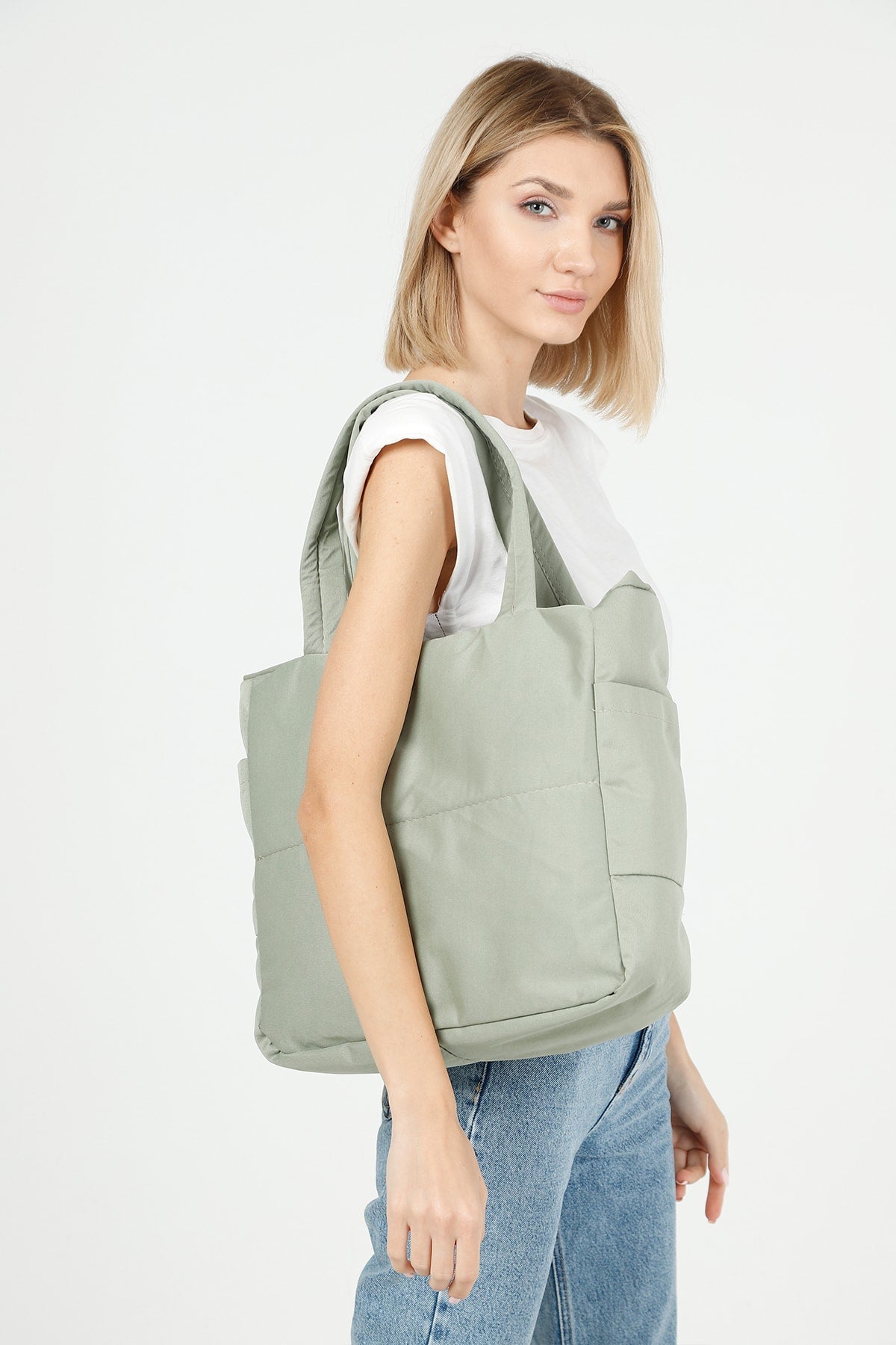 Grüne U25 3-Fach Seite 2 Tasche Detaillierte Reißverschluss Verschluss Leinwand Damen Arm und Schulter Tasche B:35 E:35 G