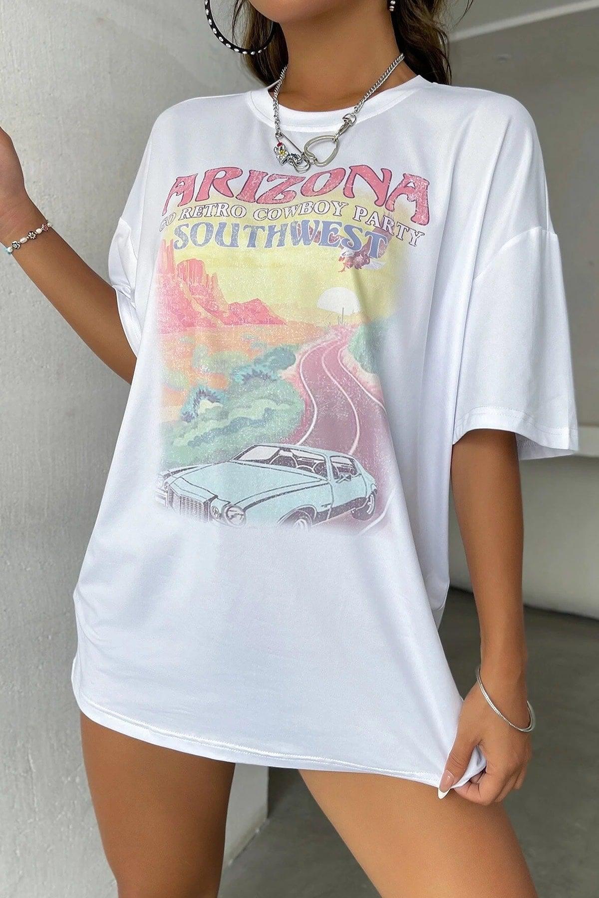 Unisex White Arizona Printed Oversize Shoulder Tee T-shirt - Swordslife