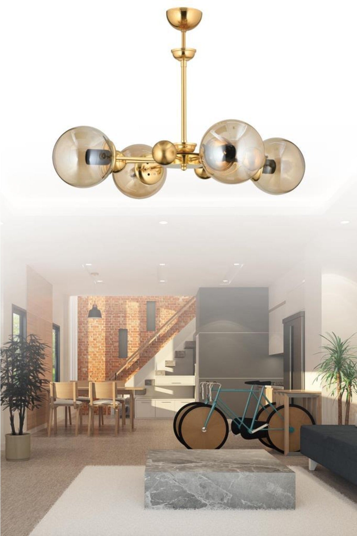 Nairobi 4-teiliger Kronleuchter mit gelbem Kugelglas und goldenem Gehäuse