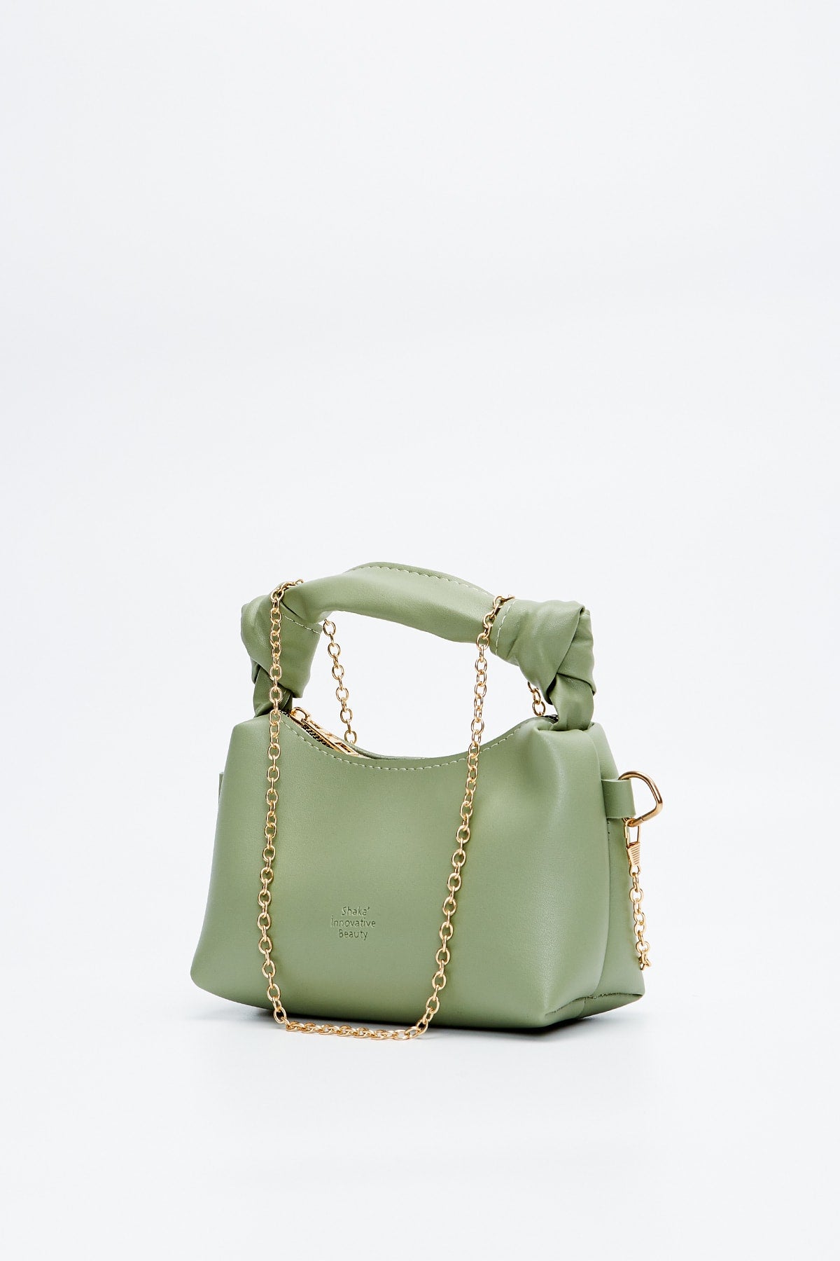Mintgrüne Shk24 Hand- und Schultertasche aus weichem Leder mit Knotendetail und Kettenriemen, L: 14 E: 22 B: 8 cm