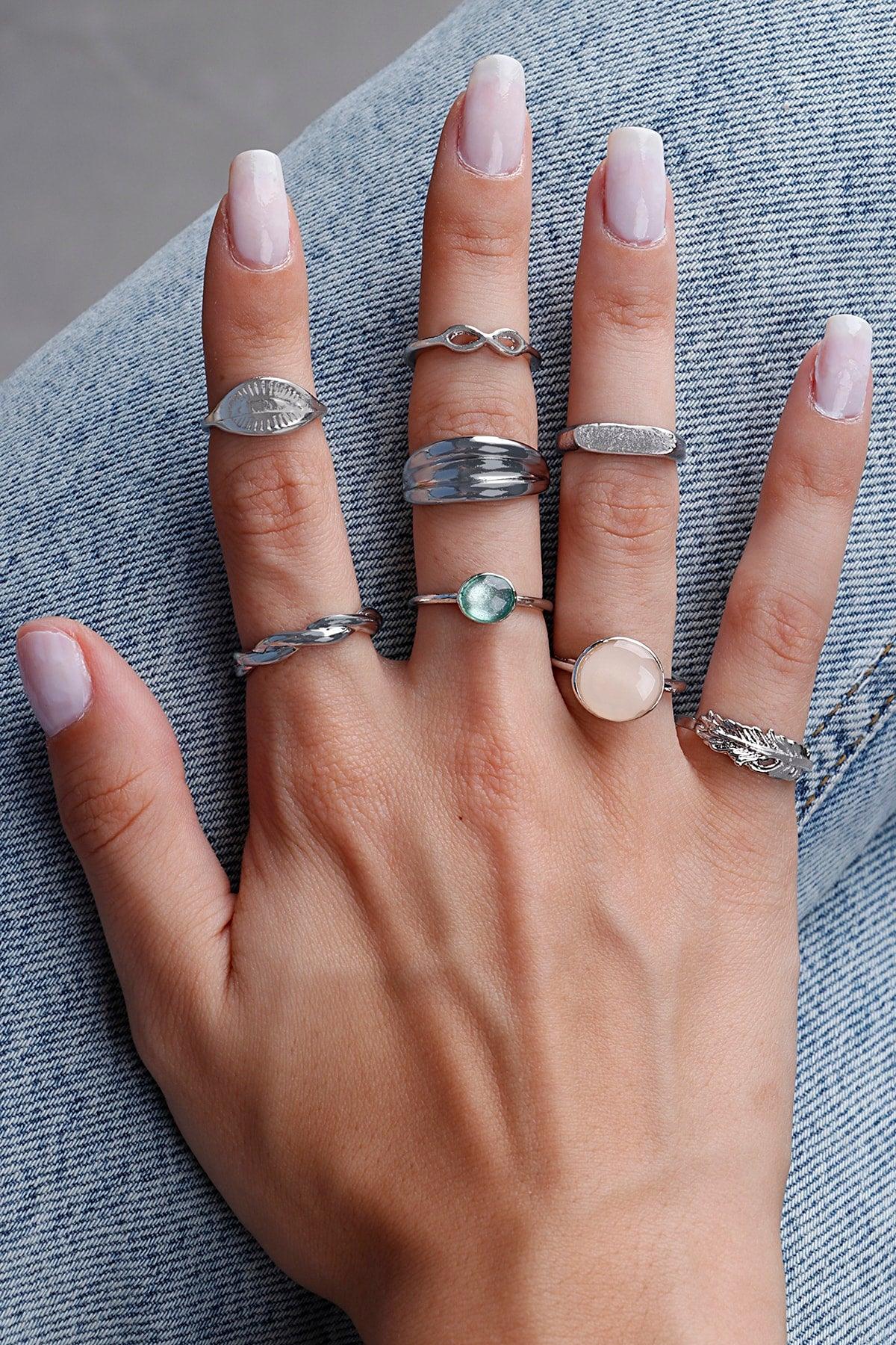 Set of 8 Enamel Stone Rings and Joint Rings - Swordslife
