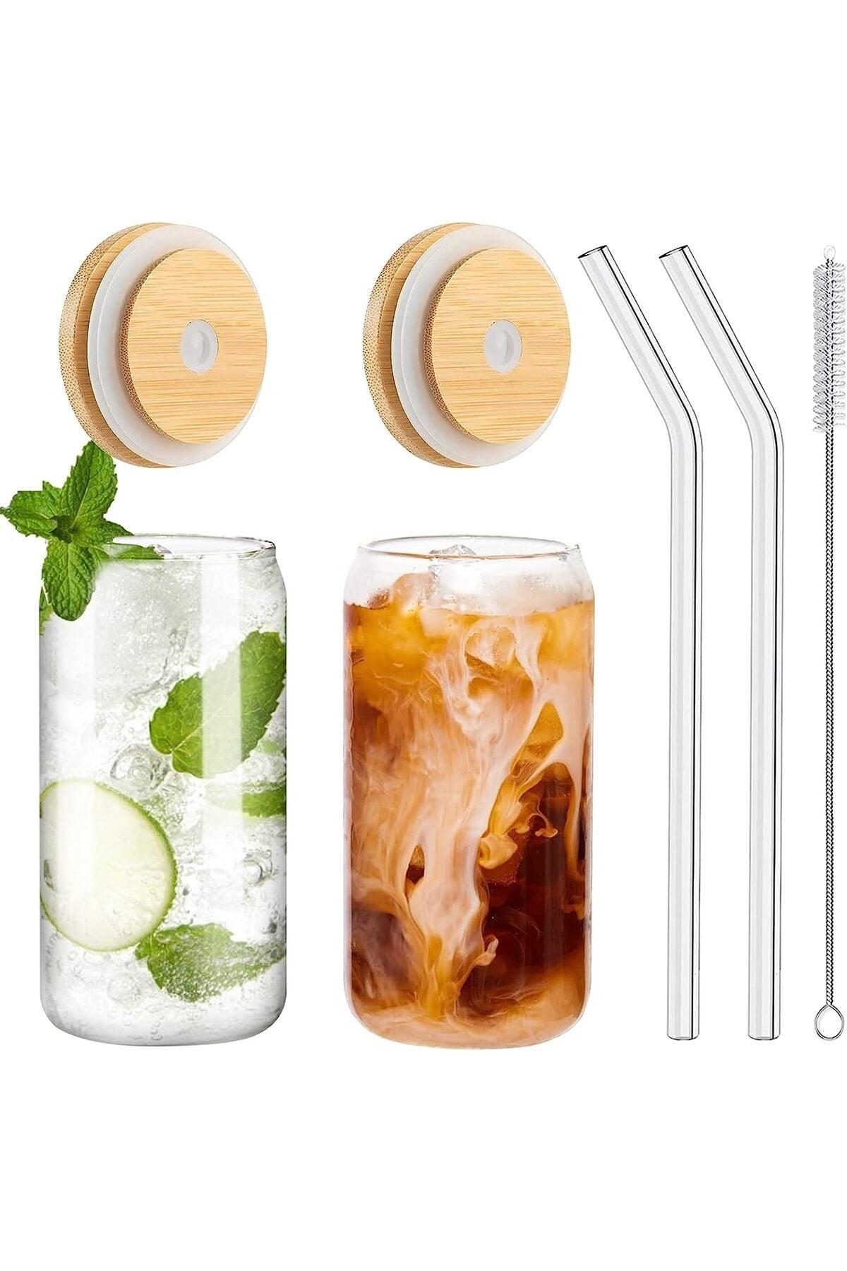 Hitzebeständiger Glasstrohhalm, Holzdeckel, Kaffee-/Saftbecher und 1 Bürste