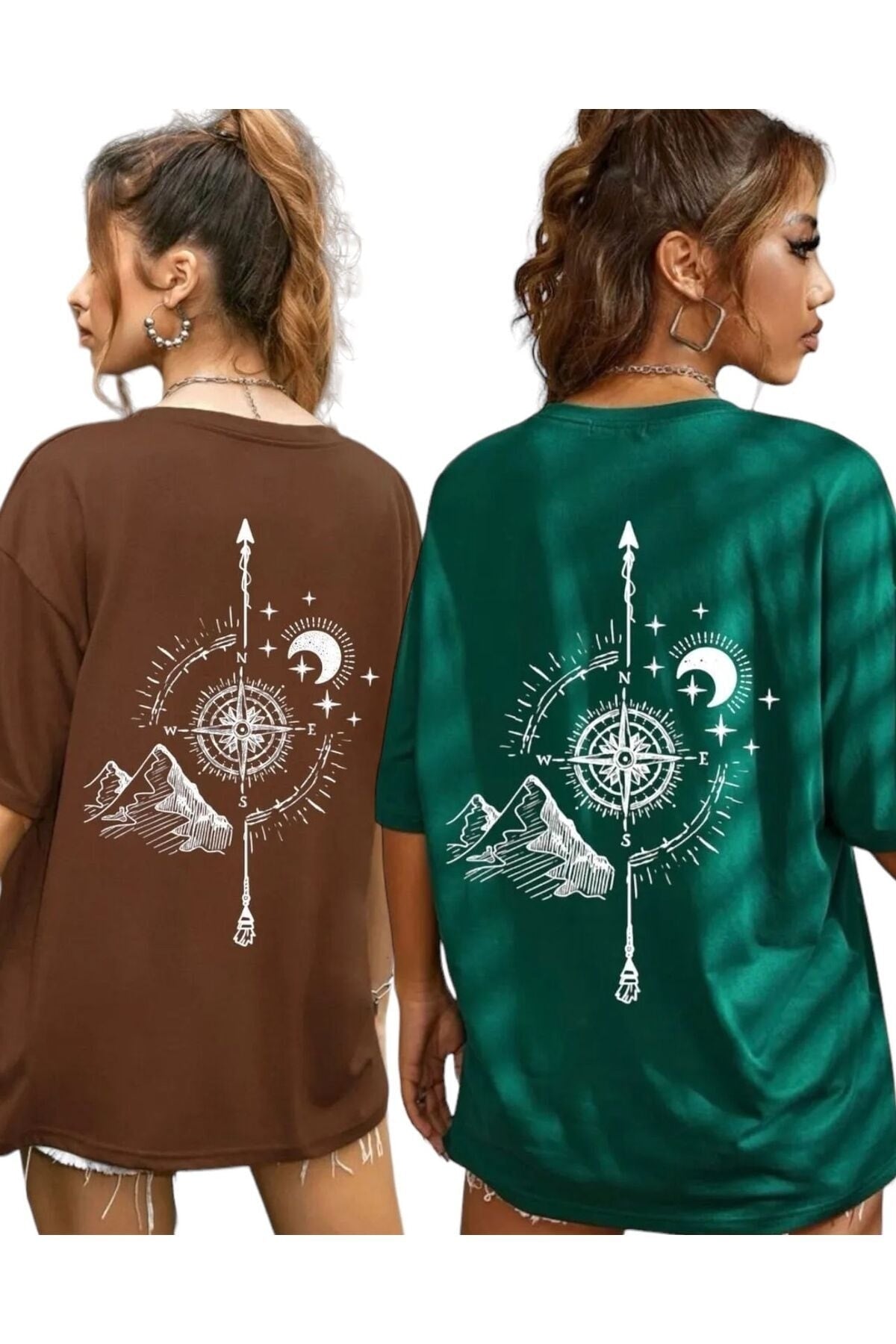 Compass Printed Oversize Unisex T-Shirt 2 Pack (2 Pcs)