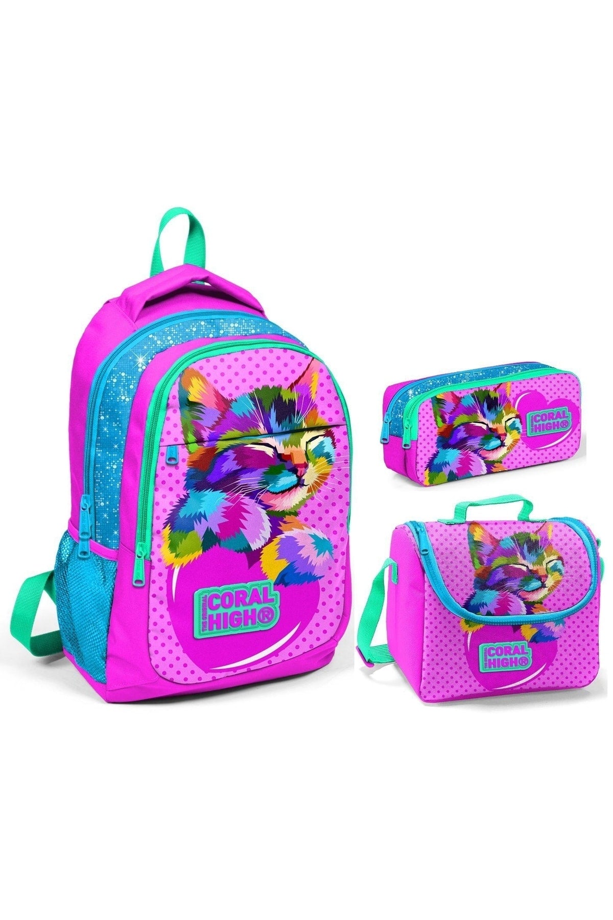 Coral High Pink Cat Girl Grundschultaschen-Set – Rucksack + Ernährung + Stiftehalter