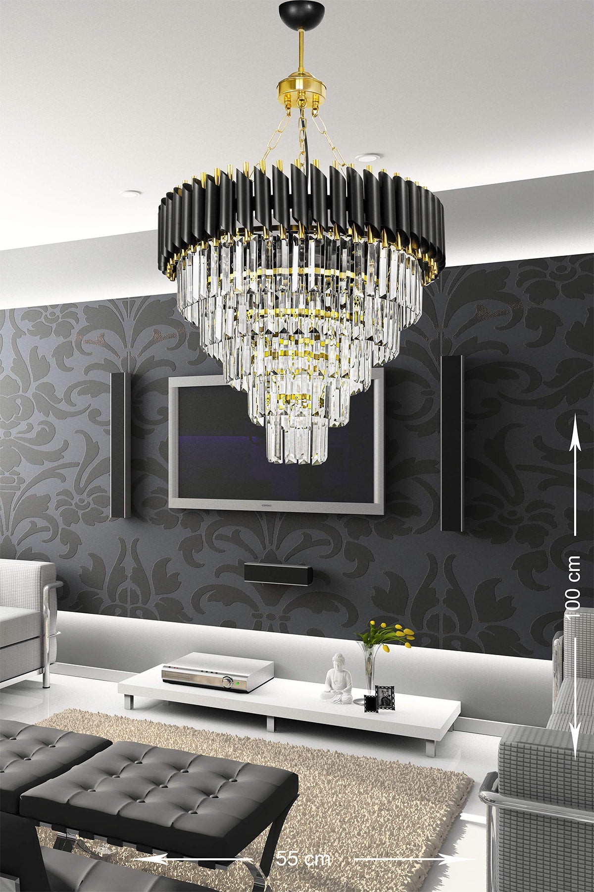Palmira 55 Cm Crystal Stone Luxury Chandelier Set Of 5 - (Black-Gold)