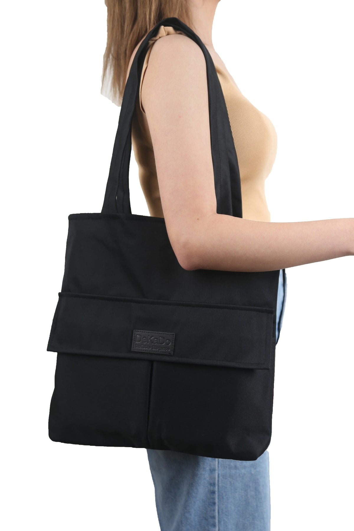 Schwarze Damentasche mit Reißverschluss, Hand- und Schultertasche aus Canvas