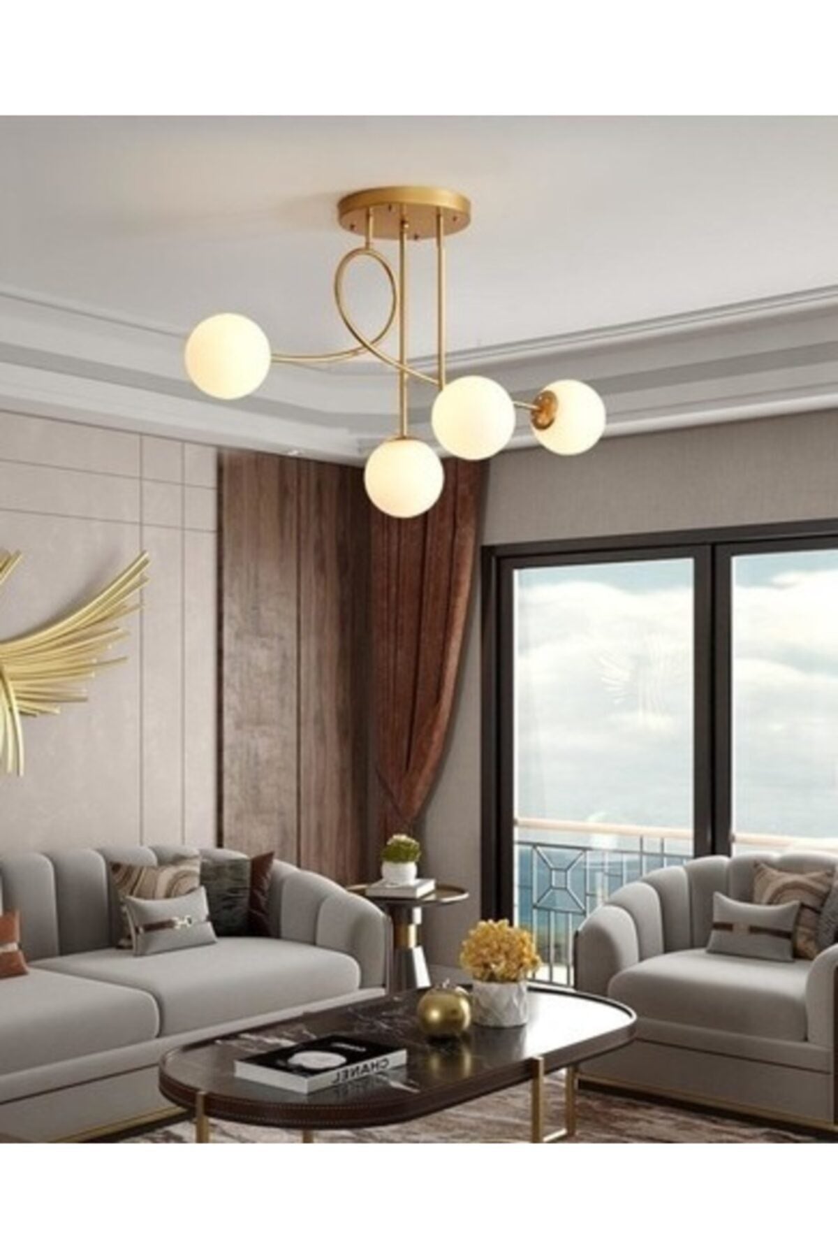 Pare Model Modern Sports Gold 4-Globe White Glass Chandelier