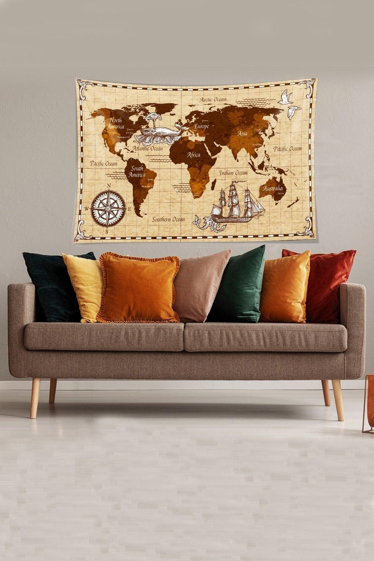 Beige-brown World Map Patterned Stain Resistant Velvet Fabric Wall Covering Wall Carpet Tapestry - Swordslife
