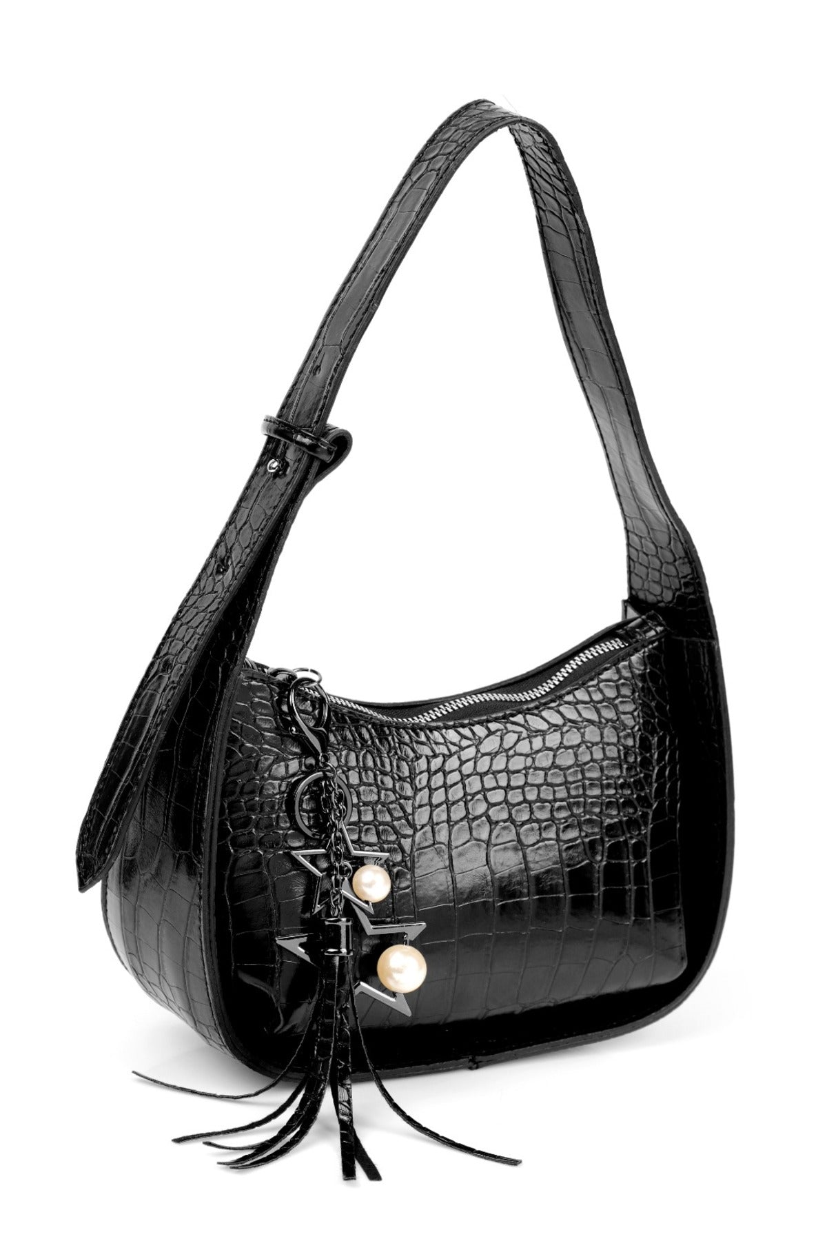 Schwarze Baguette-Tasche aus Nickellegierung mit Krokodilmuster und Stern- und Perlen-Accessoire für Damen