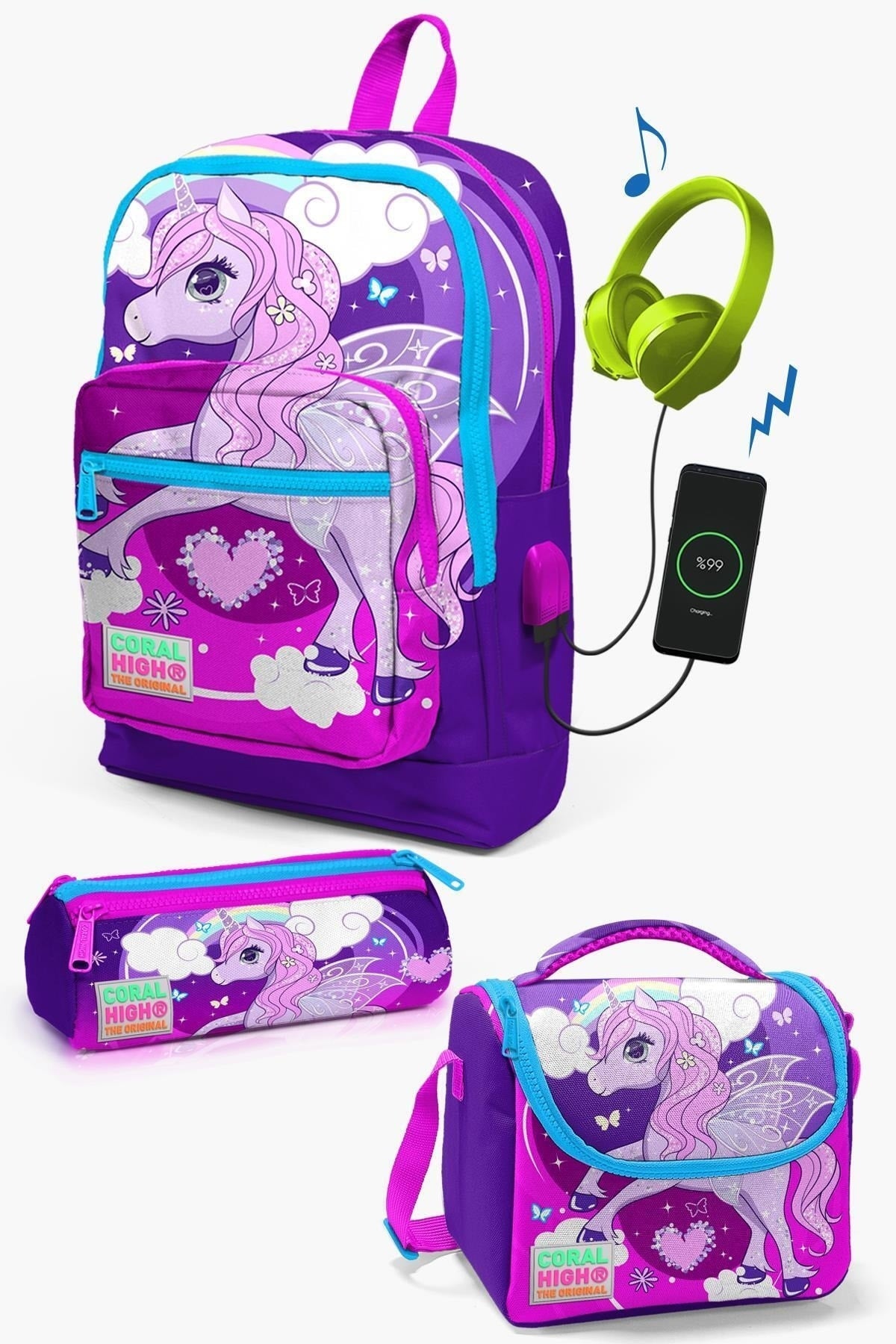 Kids Purple Pink Unicorn Patterned Usb 3 Pcs School Bag Set Set0123808