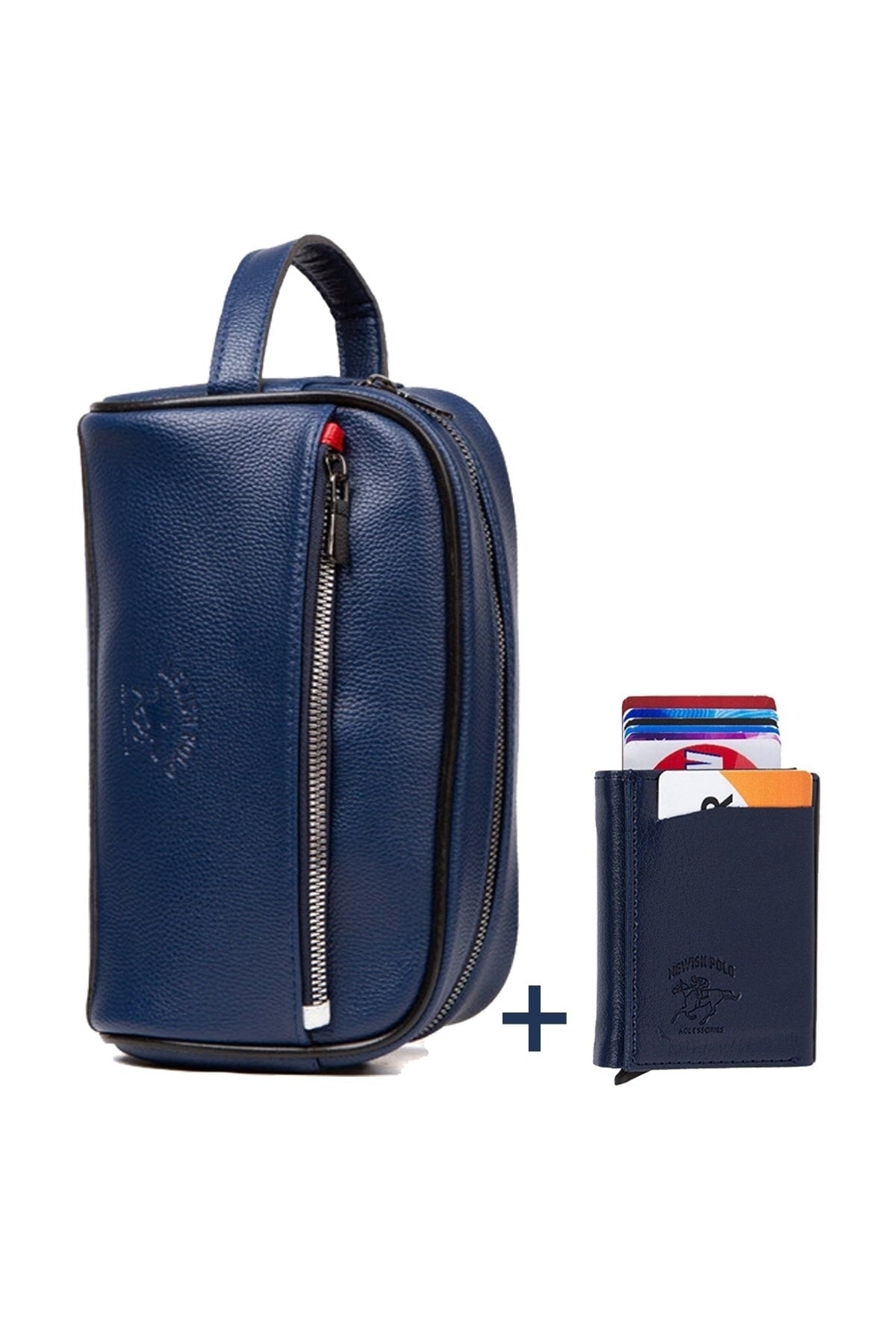 Marineblaues Reise-Set aus Leder für Rasierkosmetik, Handtasche, Portfoliotasche und Geldbörse mit Mechanismus
