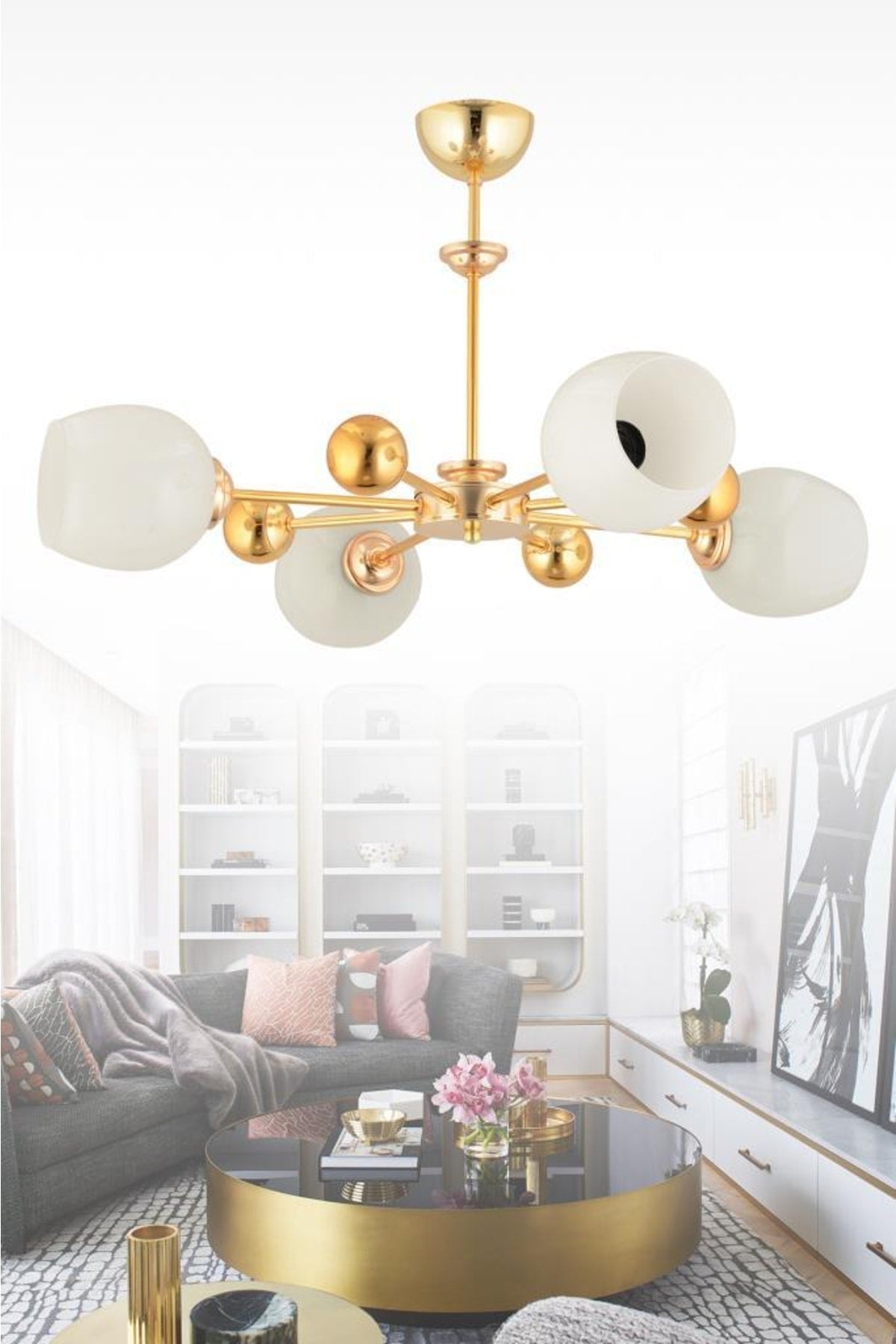 4-teiliger Kronleuchter aus goldweißem Opalglas „Nairobi“