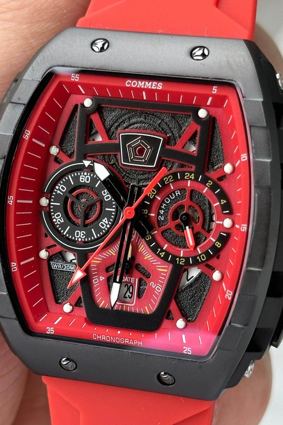 Herren Klassische Armbanduhr mit Silikonarmband Rot Farbe Stoppuhr Kalender 0376-Kbk