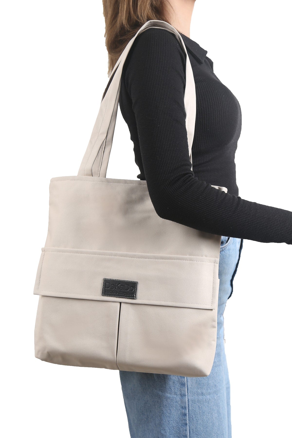 Beige Damentasche mit Reißverschluss, Hand- und Schultertasche, Canvas-Stoff-Einkaufstasche