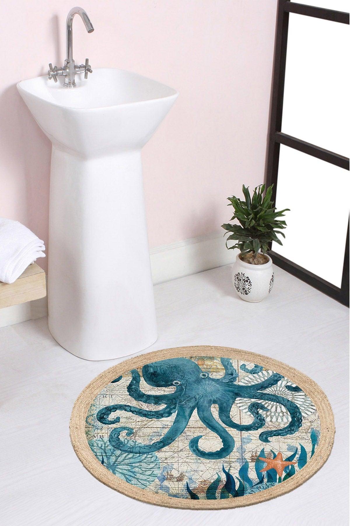 Octopus Pattern Rope Straw Jute Knit Round Carpet Bath Mat 80x80cm - Swordslife