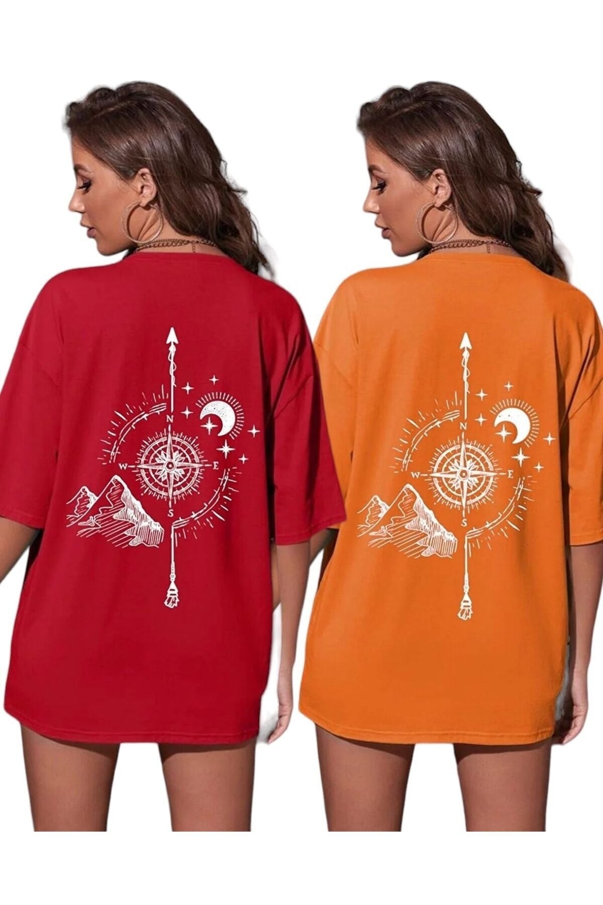 Compass Printed Oversize Unisex T-Shirt 2 Pack (2 Pcs)