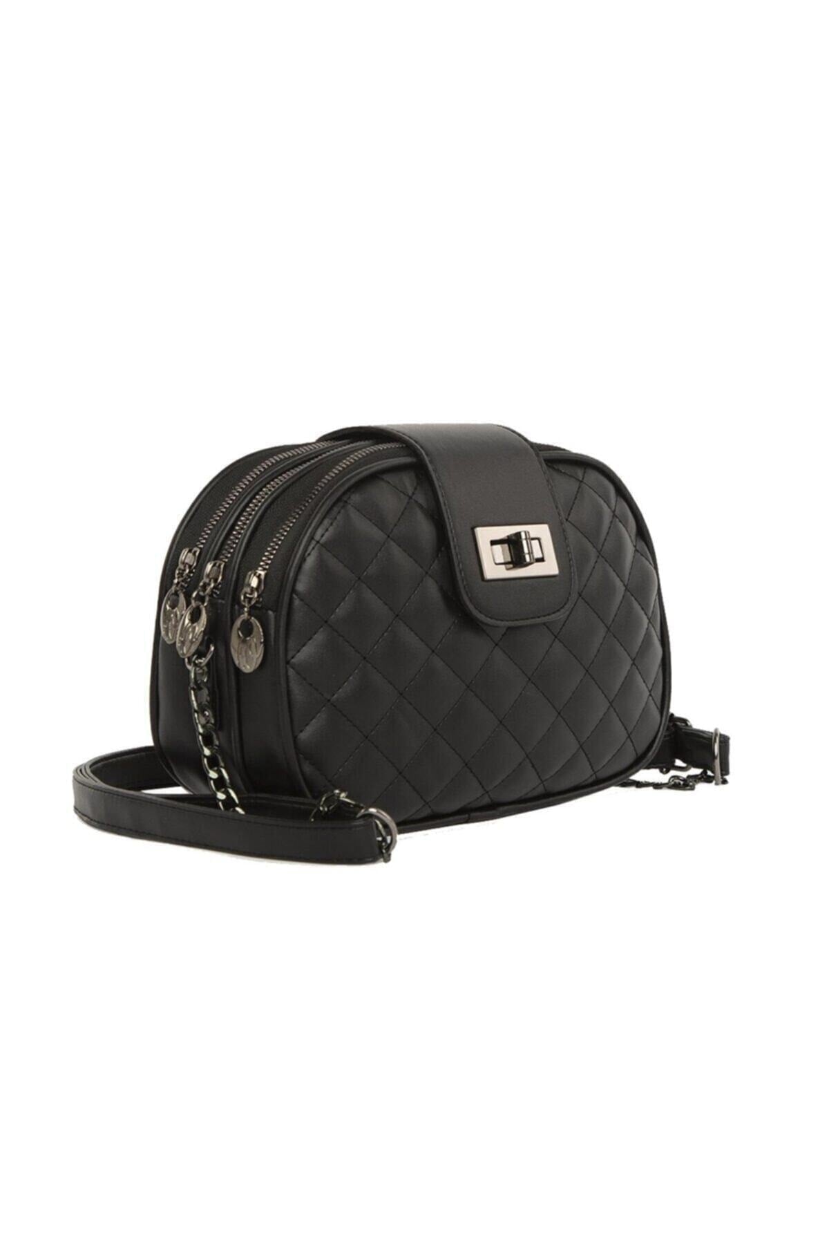 Schwarze 3-Ösen-Tasche mit Druckverschluss und Reißverschluss für Damen