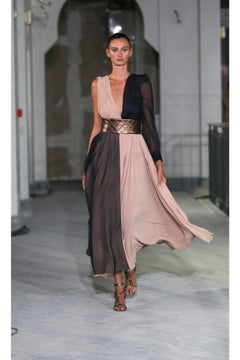 Women's nude navy blue maxi chiffon evening dress with leather belt