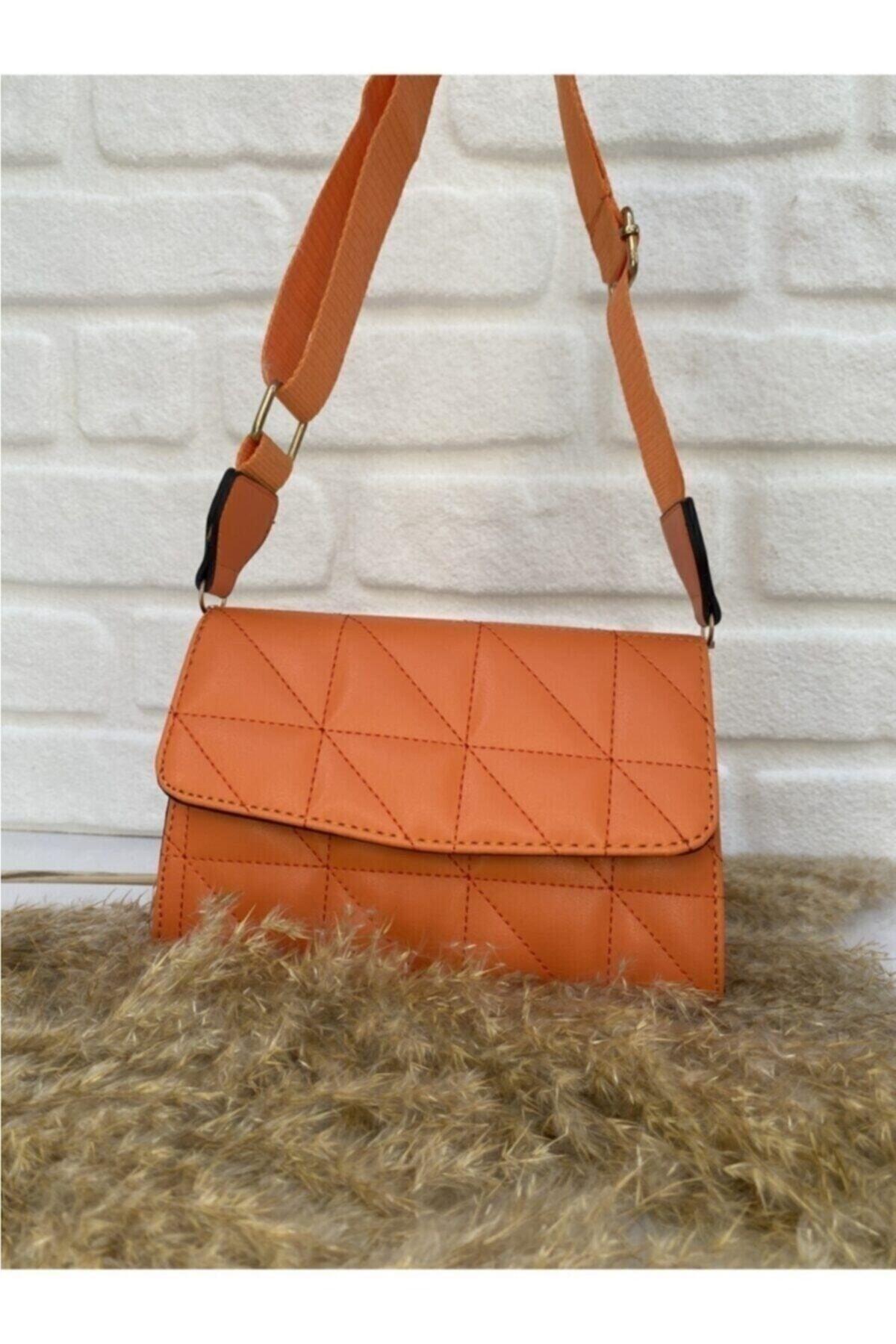 Orange Column Strap Quilted Women'S Shoulder Bag