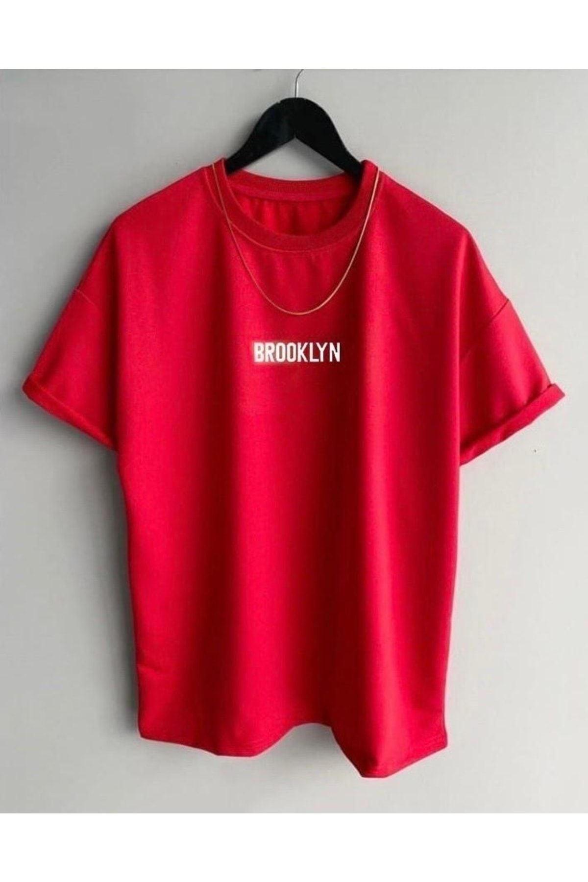 Black Street Men'S Red Brooklyn Printed Oversize Crew Neck Short Sleeved Tshirt