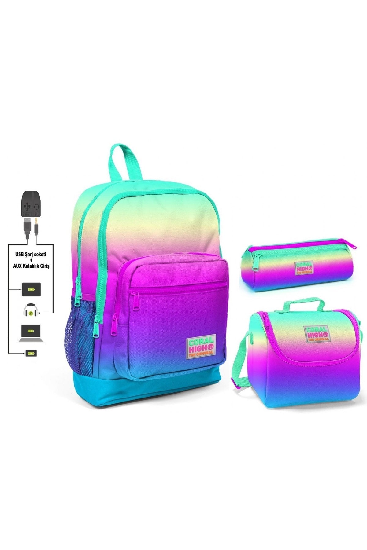 Bunt bedrucktes Grundschultaschen-Set für Mädchen - USB-Ausgang